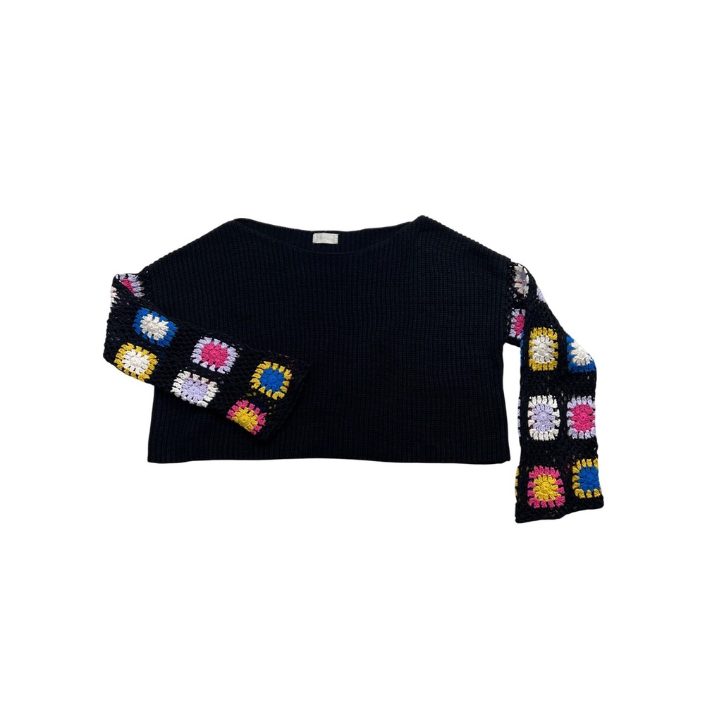 Altar'd State Crochet Granny Square Sleeve Sweater Womens Small Black Cropped